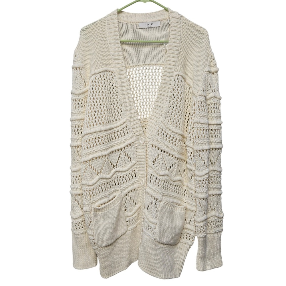Joie Cardigan Sweater Large Pointelle Cable Knit Pockets Boyfriend Fit Fisherman